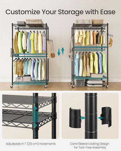 SONGMICS Heavy-Duty Rolling Clothes Rack, Garment Rack, Portable Closet, 35.4-Inch Wide Clothing Rack on Wheels, with Adjustable Mesh Shelves and Hanging Rails, Hooks, Ink Black ULGR413B01