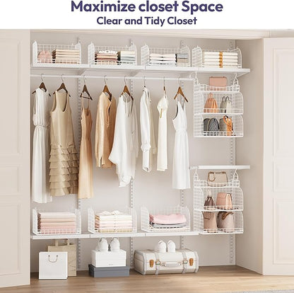 SWTYMIKI Hanging Closet Organizer Storage - 3 Tier Metal Stackable Hanging Closet Shelves with Dividers and S Hooks, Foldable Clothes Shelves for Clothes, Pants, Shoes, Coat, Hats Clutches Accessories
