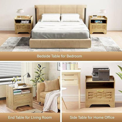 HOCAT 24" Rattan Nightstand with Storage Drawer, Oak Bedside Table with Semi Open Cubby, Boho Night Stand with Farmhouse Arched Base for Bedroom, Side Table, End Table for Dorm