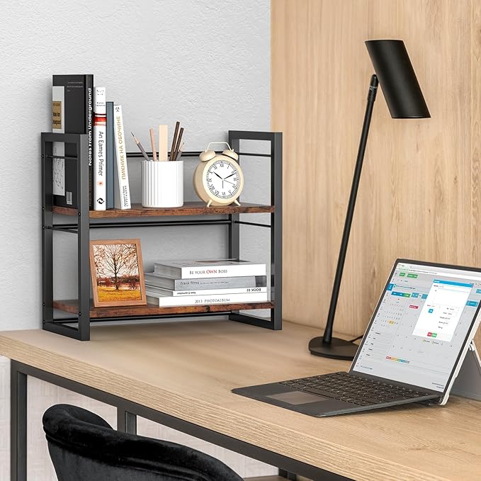Office Desk Shelf Organizer, Wood Desktop Bookshelf Supplies Storage Rack, Shelf for Top of Desk and Dresser (Brown-2 Tier)