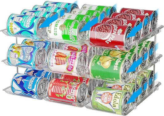 Can Organizer for Pantry Stackable 3 Tiers Can Storage Organizer Pantry Soda Can Organizer for Fridge 36 Cans Rack Automatic Rolling Canned Food Organizer for Refrigerator Kitchen Clear