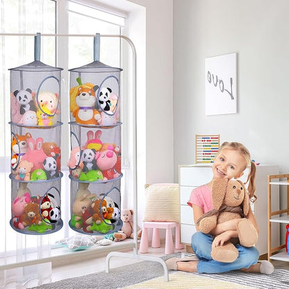 Basumee Stuffed Animals Net or Hammock 2 Pcs Stuffed Animals Storage Toy Net Hammock for Plushies Storage Organizer Mesh Kids Girls Room Decor, Gray, 3 Tiers