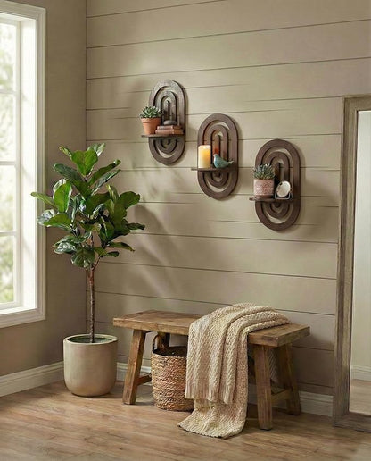 Boho Decor Wall Floating Shelves with Oval Wood Design,Dark Brown Wood Display Rack,Three-Piece Set,Suitable for Both Home and Office