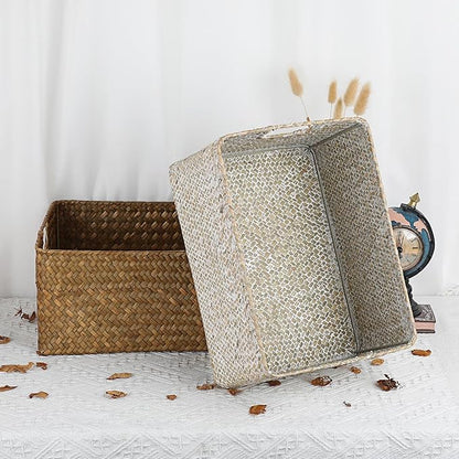 Hipiwe Seagrass Storage Basket Bin Rectangular Handwoven Wicker Storage Box with Handle Opened Baskets Box for Shelf Organizing Closet Bathroom, Caramel, Medium