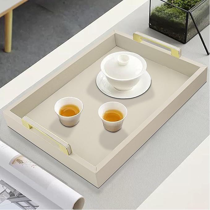 Decorative Tray for Coffee Table, Serving Tray with Handles for Ottoman, 16"x12" Large Rectangular Tray Leather Serving Trays for Home Decor, Living Room, Kitchen, Bedroom - Cool Gray
