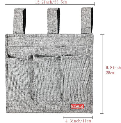 Zafit Linen Bedside Caddy, Bedside Storage Organizer for Hospital Beds, College Dorm Rooms or Baby Bed (Classic 4 Pockets Grey)