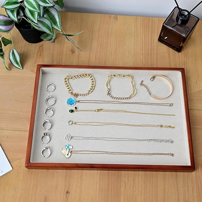 Elegant Wood Flat Jewelry Tray – 14"x9.5" Velvet Lined Display Organizer for Rings, Bracelets, Necklaces – Classic Wooden Storage for Vanity, Dresser, Countertop, White&Brown