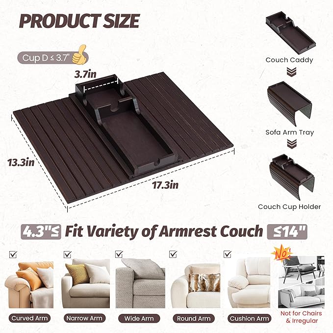 GEHE Detachable Couch Cup Holder, Anti Falling Sofa Arm Tray, Natural Bamboo Sofa Cup Holder More Safe for You Family, Portable Couch Arm Tray Armrest Table for Remote, Snacks, Phone, Drinks