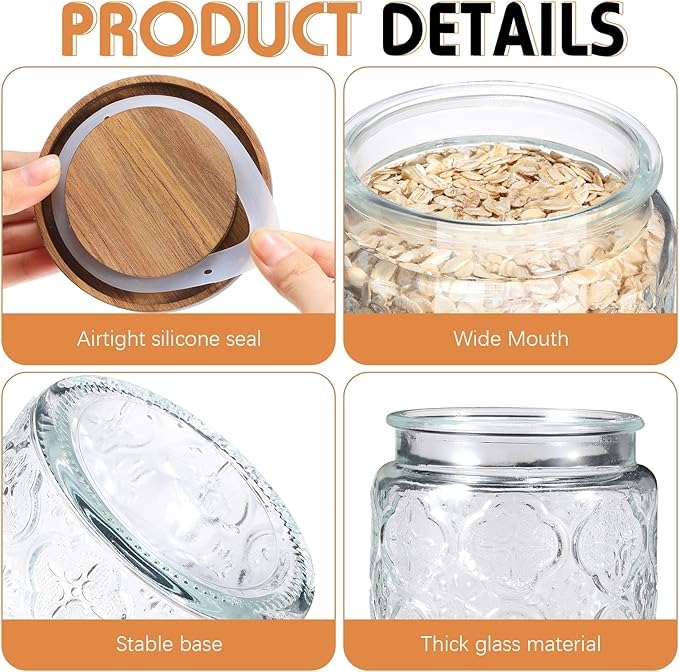 Domensi 6 Pcs Vintage Glass Jars 34 oz Glass Storage Jars with Lids Begonia Pattern Airtight Storage Jars for Kitchen Counter, Pantry, Coffee Bean, Grains, Tea, Sugar, Flour, Candy, Oats