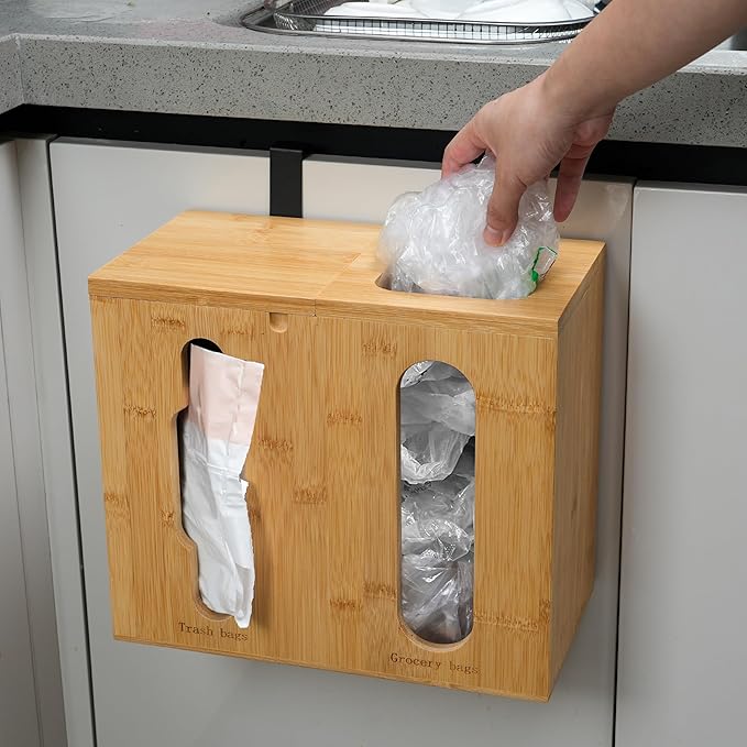 Trash Bag Dispenser & Grocery Bag Organizer, 2 in 1 Bamboo Garbage Bags Storage Box for Cabinet Door, Under Sink, or Wall Mounting
