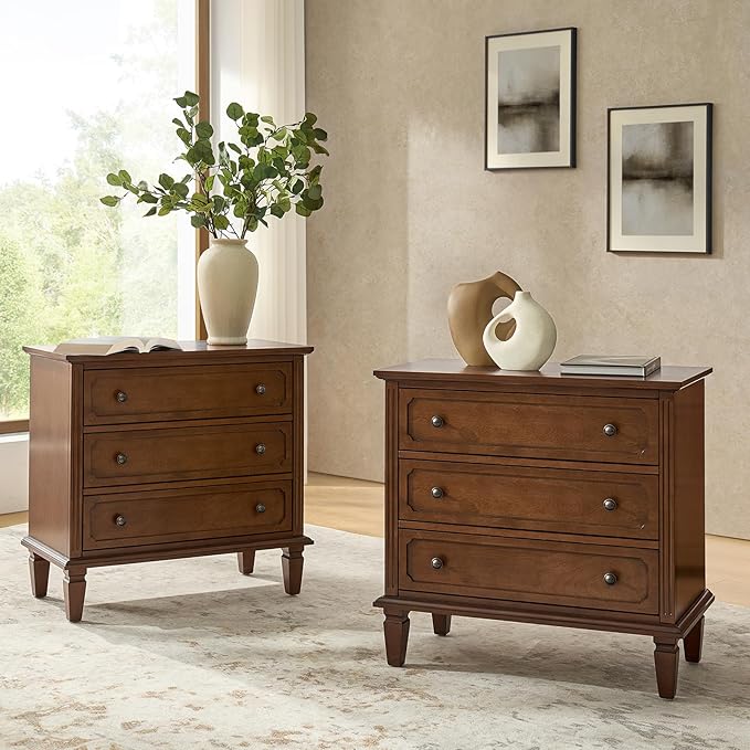HULALA HOME 3 Drawer End Table with Charging Station, Wooden Drawer Organizer with Wood Legs, Mid Century Modern End Table Set of 2, Walnut