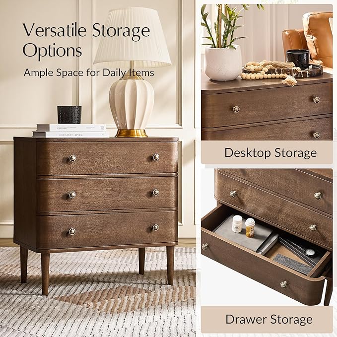HULALA HOME Modern End Table with Charge Station, 3 Drawer Wood Side Table with Solid Wood Legs & Adjustable Feet, Curved Design End Table, Walnut
