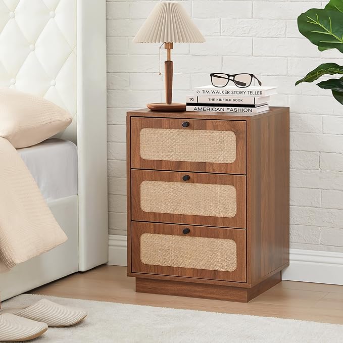 AVZEAR Mid Century Night Stand Set of 2, Modern Nightstand with 3 Drawers and Nature Linen Panel, Wood Bedside Table Rustic End Table for Small Space, Dorm, Bedroom(Walnut)