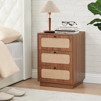 AVZEAR Mid Century Night Stand Set of 2, Modern Nightstand with 3 Drawers and Nature Linen Panel, Wood Bedside Table Rustic End Table for Small Space, Dorm, Bedroom(Walnut)