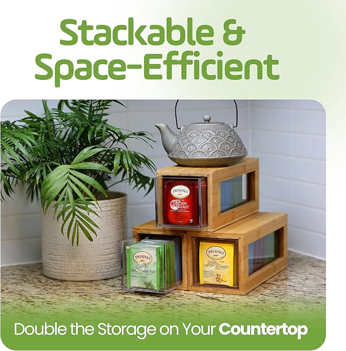 Bamboo and Acrylic Drawer Tea Bag Holder- Durable & Elegant Tea Bag Storage Holder for Kitchen Countertop, Space-Saving Tea Drawer Organizer