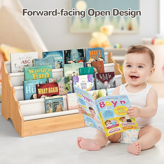 ELYKEN Toddler Bookshelf for Kids Rooms, Nursery Book Shelves with Open Forward Display, Montessori Book shelf for Baby Room, Small Children Classroom Books Rack Storage, Reading Corner for Kid, Beige
