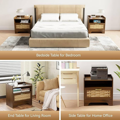 HOCAT 24" Rattan Nightstand with Storage Drawer, Walnut Bedside Table with Semi Open Cubby, Boho Night Stand with Farmhouse Arched Base for Bedroom, Side Table, End Table for Dorm