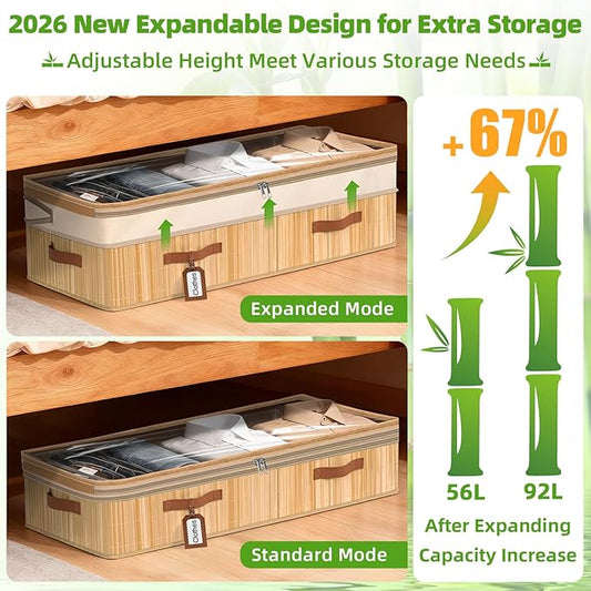 Livole 2 Pack Bamboo Under Bed Storage, 6-10 inches Height Adjustable Underbed Storage Containers, 92L XXXL Large Under Bed Storage Bins with Clear Lid & Label for Clothes, Blankets, Sweater, Shoes