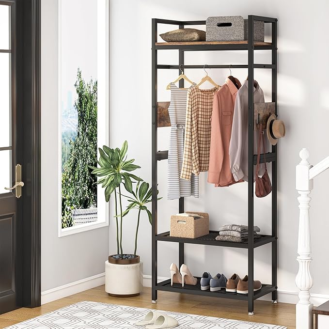 Tribesigns 69-inch Tall Clothes Garment Rack, Small Heavy Duty Clothes Hanging Rack, Freestanding Closet Organizer with Open Storage Shelves and Hooks for Bedroom, Brown & Black