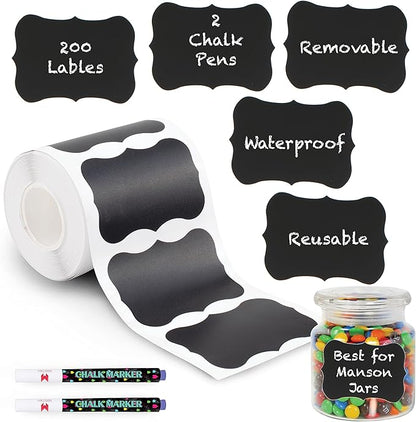 Mantah Wavy Chalkboard Labels 200pcs with 2 White Chalk Marker, Reusable Waterproof Chalk Label for Storage Bin, Labels for Food Container, Label for Jars, Containers