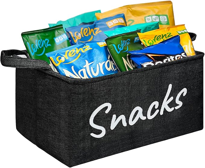 Snack Bin for Pantry - Snack Storage Basket Organizer for Storing Chips, Cookies, Pretzels, Popcorn and more - Kitchen Organization (Black 1pcs)