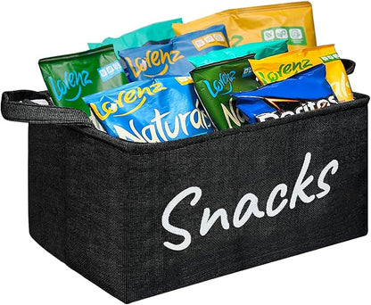 Snack Bin for Pantry - Snack Storage Basket Organizer for Storing Chips, Cookies, Pretzels, Popcorn and more - Kitchen Organization (Black 1pcs)
