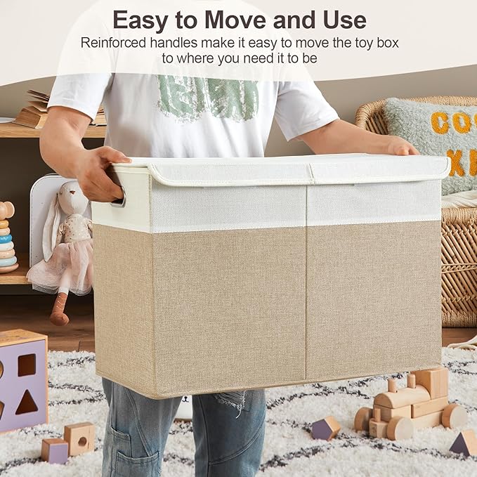 Large Toy Storage Box with Lid, Collapsible Toys Storage Organizer Bins with Dividers and Handles, Storage Chest Bin for Kids, Boys, Girls, Nursery 25"x13" x16" (Beige & White)