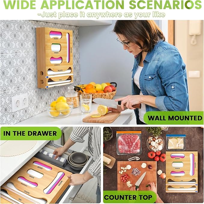 Thicker Bag Storage Organizer, Bamboo Baggie Holder With Aluminum Foil Dispenser, Foil and Plastic Wrap Holder With Cutter, 6 in 1 Sandwich Bag Storage for Drawer Kitchen