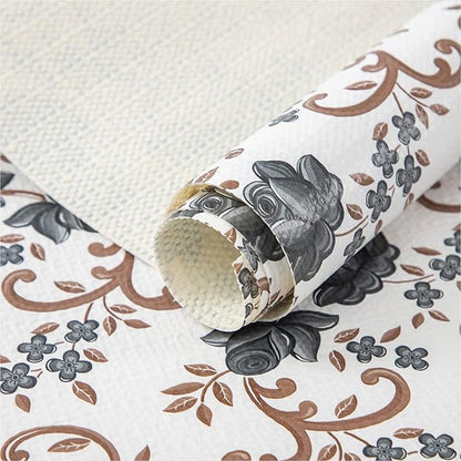 FIFTY FEET 18X96 Inch Shelf Liner for Kitchen Cabinets, PVC Drawer Liner for Dresser Non-Slip Bathroom, Non-Adhesive Cabinet Liner Washable (Black Floral)(5 Roll)