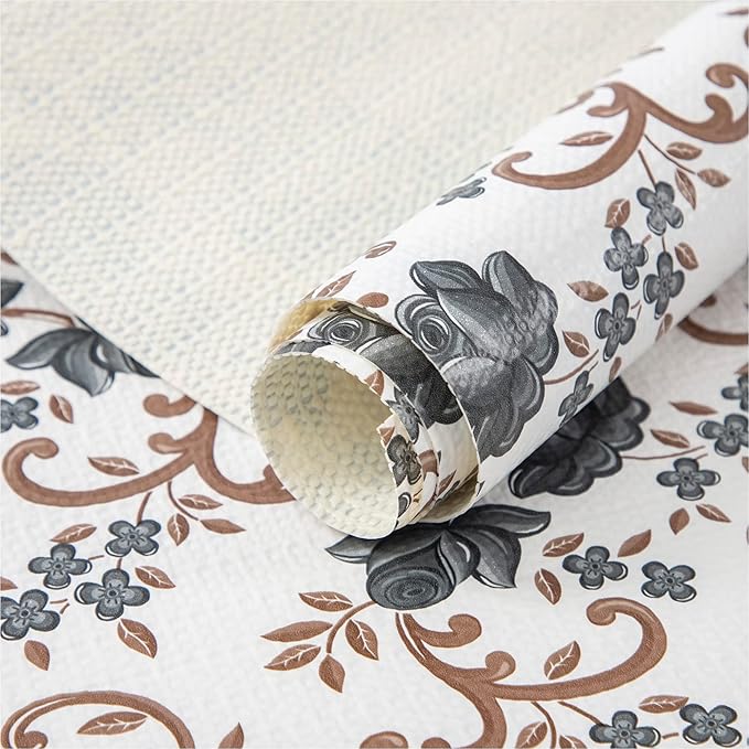 FIFTY FEET 12X120 Inch Shelf Liner for Kitchen Cabinets, PVC Drawer Liner for Dresser Non-Slip Bathroom, Non-Adhesive Cabinet Liner Washable (Black Floral)(1 Roll)