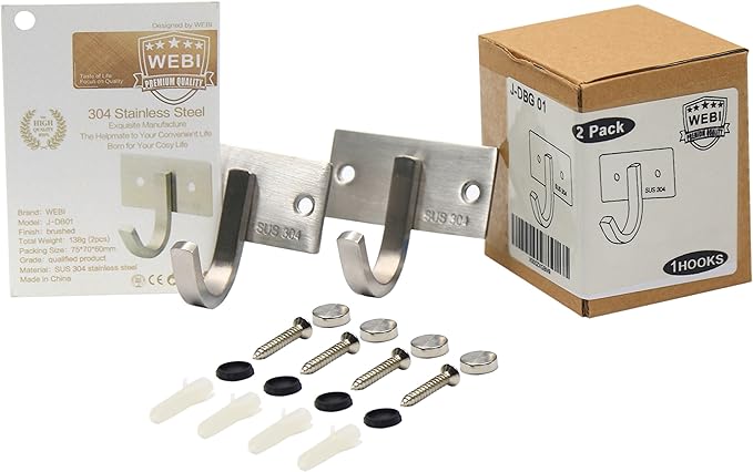 WEBI Robe Hook, Heavy Duty Brushed Stainless Steel 304 Coat Hook Rail Towel Rack, Great Home Storage & Organization for Bedroom, Bathroom, Foyer, Hallway, 1 Hook in 2-Pack