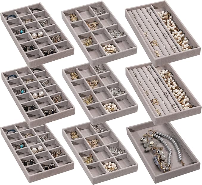 Frebeauty Jewelry Organizer Tray,Stackable Velvet Jewelry Trays,Drawer Inserts Earring Organizer For Women Jewelry Storage Display Case for Rings Stud Necklaces,Set of 9(Grey)