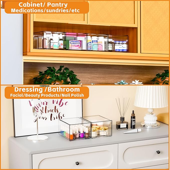 Yieach 2 Pack Clear Stackable Storage Drawers,4.4'' Tall Acrylic Drawer Containers for Organizing,Bathroom Organizers and Storage Bin Box,Plastic Makeup,Medicine Organizer Bins for Cabinet,Undersink