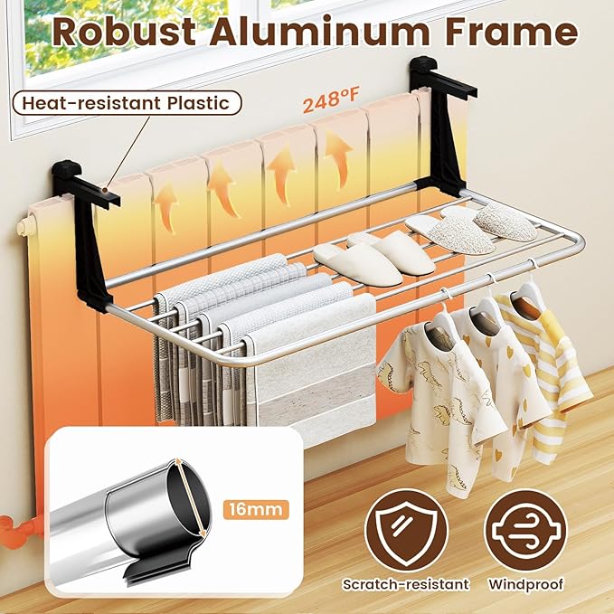 Tangkula Portable Clothes Drying Rack, Extendable Radiator Clothes Airer with Robust Aluminum Frame for Balcony Railings Windowsill, Folding Towel Rack for Indoor & Outdoor Use (Large)