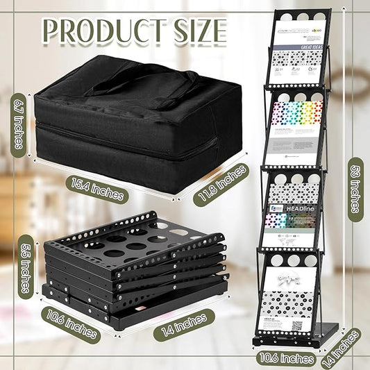 Tatuo 1 Piece Foldable Magazine Rack Metal Catalog Literature Rack Portable 4 Pockets with Carrying Bag Brochure Stand Literature Display Holder Stand for Exhibition Trade Show