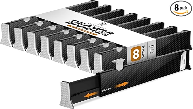 RAPTUROUS Adjustable Drawer Dividers 8 Pack, 2.5" High, 13-22" Long, Dresser Drawer Organizer for Bedroom, Closet, Kitchen, Nursery, Office, Strong Hold, Soft Foam Edges, Black