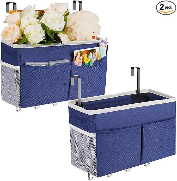 Frjjthchy Bedside Storage Organizer 5 Pockets with 4 Hooks Hanging Storage Bag for Headboards/Bunk Bed (2Pack Dark Blue)