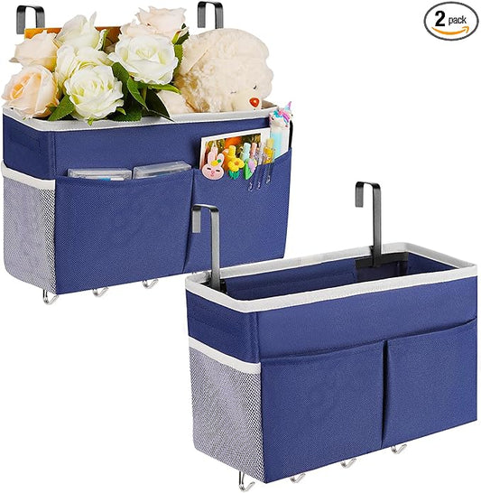 Frjjthchy Bedside Storage Organizer 5 Pockets with 4 Hooks Hanging Storage Bag for Headboards/Bunk Bed (2Pack Dark Blue)