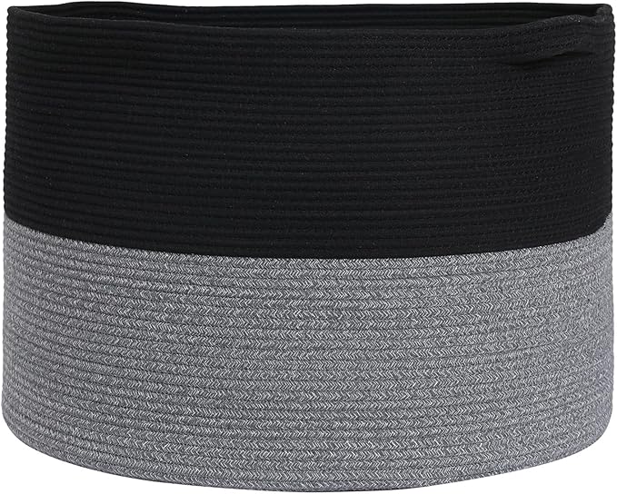 Cottonphant 24" x 24" x 17" Max Size Large Cotton Rope Basket, Extra Large Storage Basket, Woven Laundry Hamper, Cloth Storage Bin, for Blankets Clothes Towels Pillows in Living Room, Black/Grey Mix