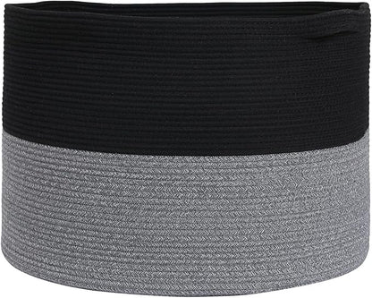 Cottonphant 24" x 24" x 17" Max Size Large Cotton Rope Basket, Extra Large Storage Basket, Woven Laundry Hamper, Cloth Storage Bin, for Blankets Clothes Towels Pillows in Living Room, Black/Grey Mix