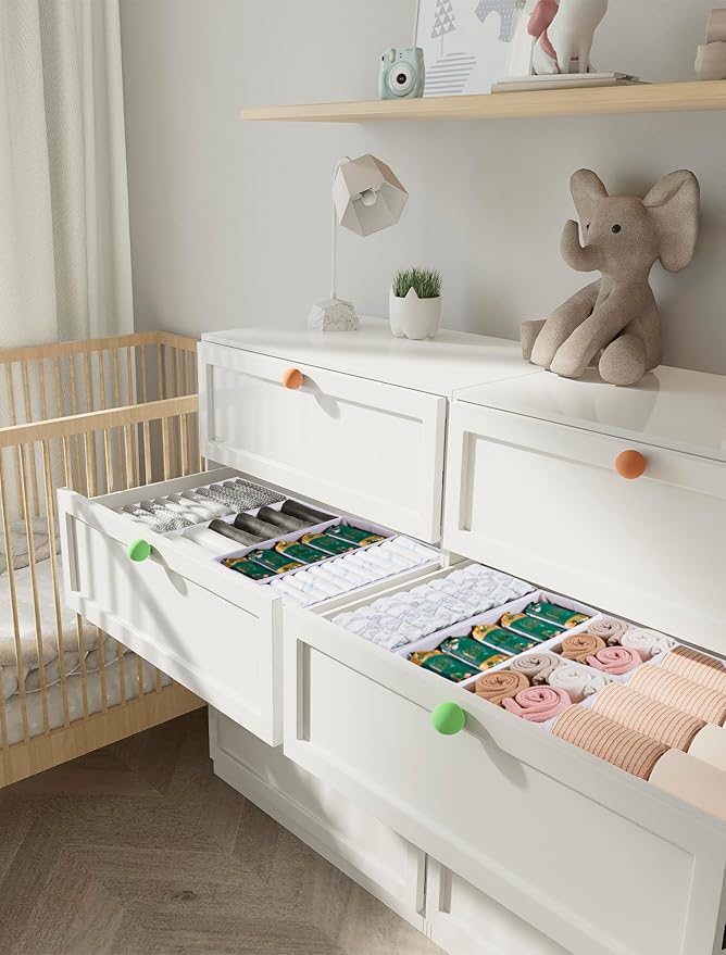 Drawer Organizer Set for Baby Clothes, Nursery Dresser Storage, Closet Dividers for Socks, Underwear, Bra (White, 12 pcs)