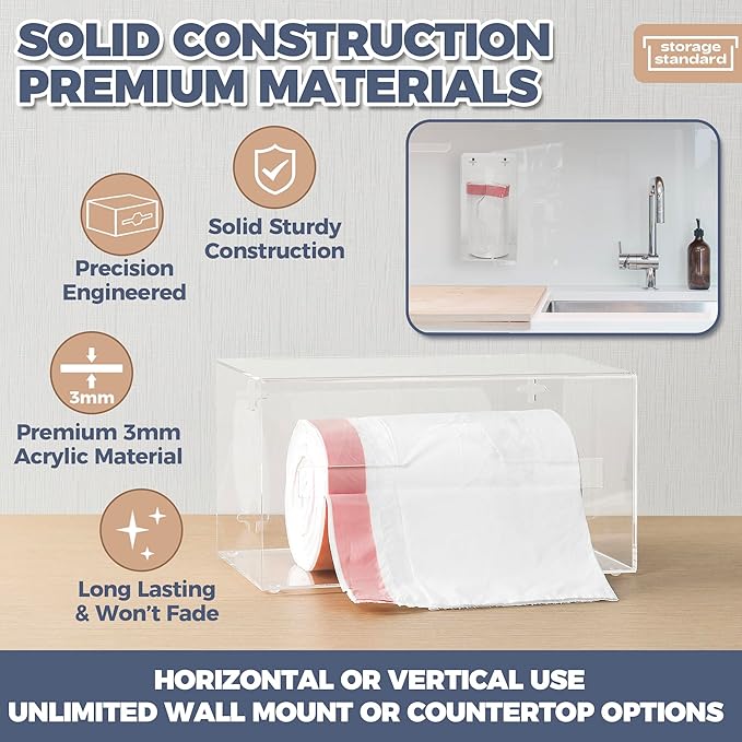 Storage Standard Trash Bag Holder Dispenser - Open Side Acrylic Bags Dispensing Roll Holder, Garbage Liner Holder for Cabinet, Garbage & Under Sink - Organizer for Home or Shops - 10.5" x 5.5" x 5.5"
