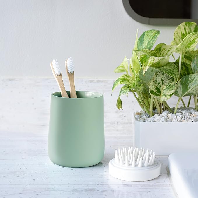 Yew Design Matte Sage Green Toothbrush and Toothpaste Holder and Cup for Bathroom Vanity and Countertop, Round Organizer for Electric Toothbrushes, Floss, Razors, Cotton, and Mouthwash