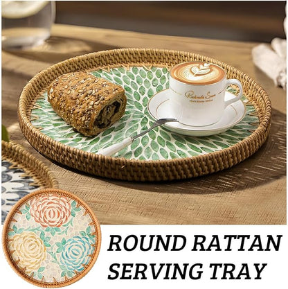 Round Rattan Tray with Mother of Pearl Inlay, Decorative Wicker Serving Tray with Wooden Base, Woven Basket Trays for Bread Fruits Coffee, Peony