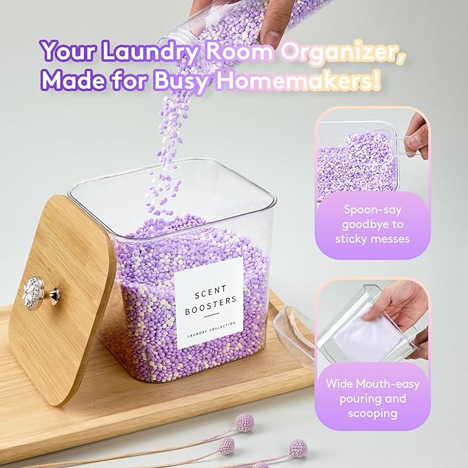 5 Pack Laundry Pod Containers and Dryer Sheet Holder for Laundry Room Organization Acrylic Jars with Lids and Labels for Laundry Detergent Laundry Pods Dry Sheet Organizing