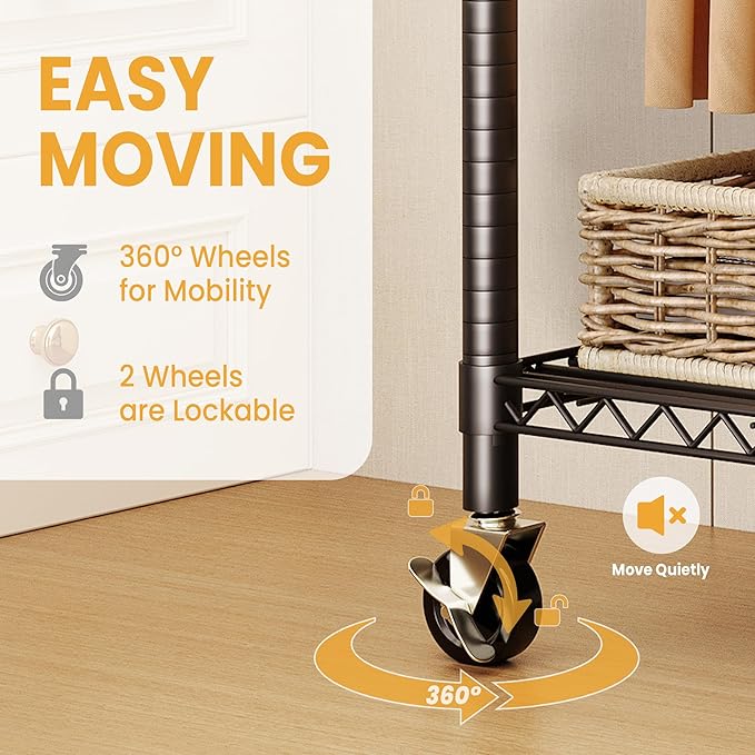 Garvee 3 Tier Clothes Rack with Wheels, Adjustable Shelves & 2 Hanging Rod, Heavy Duty Clothing Rack Closet Organizer Freestanding Wardrobe for Hanging Clothes, 79.6" H x 45.3" W x 15.8" D, Black