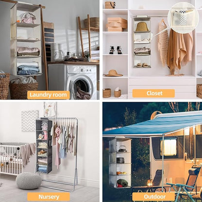 2 Packs Hanging Closet Organizer Stroage, 3-Shelf Hanging Shelves with Bamboo Inserts & Side Pocket, Grey