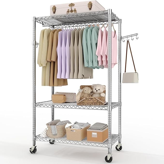 Garvee 3 Tier Clothes Rack with Wheels, Adjustable Shelves & 2 Hanging Rod, Heavy Duty Clothing Rack Closet Organizer Freestanding Wardrobe for Hanging Clothes, 75.6" H x 45.3" W x 15.8" D, Silver
