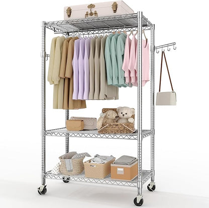 Garvee 3 Tier Clothes Rack with Wheels, Adjustable Shelves & 2 Hanging Rod, Heavy Duty Clothing Rack Closet Organizer Freestanding Wardrobe for Hanging Clothes, 75.6" H x 45.3" W x 15.8" D, Silver