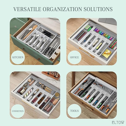 ELTOW Large Expandable Silverware Drawer Organizer, 8 Compartment Non-Slip & Adjustable Silverware Organizer for Drawer, Kitchen Organization for Utensils, Cutlery, Silverware Tray (White)